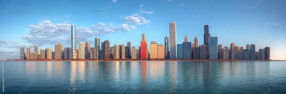 Fototapeta premium serene sunrise city skyline across calm blue lake with glass skyscrapers reflecting warm golden light under a clear sky, majestic urban panorama