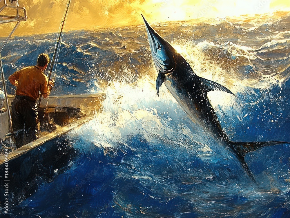 Fototapeta premium Angler on a boat battles a leaping marlin amid crashing blue waves and golden sunrise, a dramatic adrenaline-filled deep sea struggle