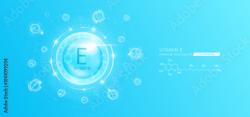 Synthetic natural vitamin E in hexagonal dome blue. Surrounded by fruit, vegetable, syringe, pills and IV bag icons. Chemical structure of Tocopherol. Medical scientific concepts. Vector.