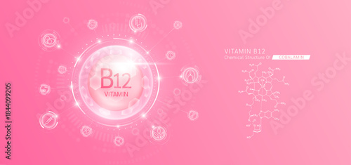 Synthetic natural vitamin B12 in hexagonal dome pink. Surrounded by fruit, vegetable, syringe, pills and IV bag icons. Chemical structure of Cobalamin. Medical scientific concepts. Vector.