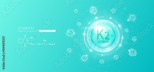 Synthetic natural vitamin K2 in hexagonal dome blue. Surrounded by fruit, vegetable, syringe, pills and IV bag icons. Chemical structure of Menaquinone. Medical scientific concepts. Vector.