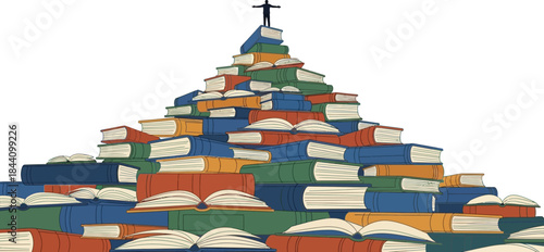 Panoramic view of a man standing atop a mountain of colorful shipping containers achieving success and global logistics isolated on white background