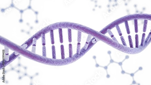 Close-up scientific illustration of a DNA double helix structure, with soft purple and blue tones, translucent molecular texture, shallow depth of field. Clean white background featuring subtle abstra