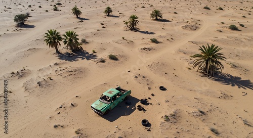 Aerial view depicts sandy desert terrain with palm trees and a decaying, turquoise-green vehicle