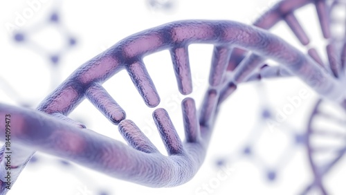 Close-up view of a DNA double helix structure, featuring soft purple and blue hues with translucent molecular textures. Shallow depth of field, clean white background with subtle abstract molecular pa