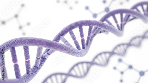 High-detail scientific illustration of a DNA double helix structure, with soft purple and blue hues. Translucent molecular texture with shallow depth of field. Clean white background accented by subtl