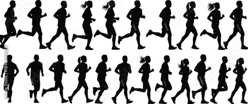 Vector Silhouettes of Running and Jogging People: Diverse Men and Women Athletes Engaged in Fitness, Marathon Training, and Healthy Lifestyle Activities for Design.