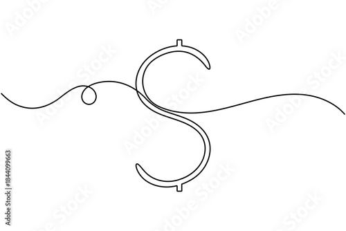 Dollar icon continuous one line drawing on white background minimalist financial sign symbol outline vector illustration