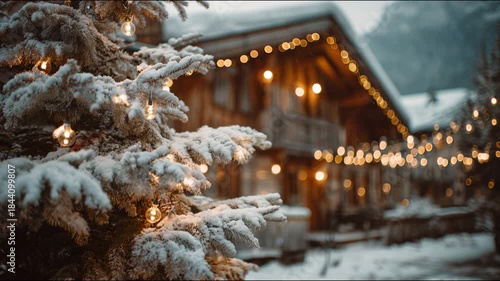 Snow-covered pine tree with warm string lights in the foreground, set against a rustic cabin adorned with festive lights in a picturesque winter landscape. Video made using Generative AI.