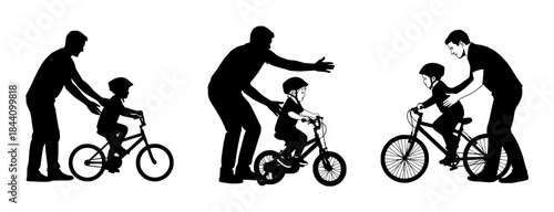 Father and Child Learning to Ride Bikes