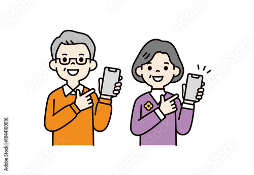 スマートフォンの画面を指差す、60代・70代の男女の上半身ベクターイラスト素材セット＿カラー
