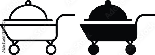 Professional Restaurant Room Service Food Trolley Icon For Hotel Dining Delivery Outline And Solid Black Catering Cart Vector Silhouette and Pictogram icon set.eps