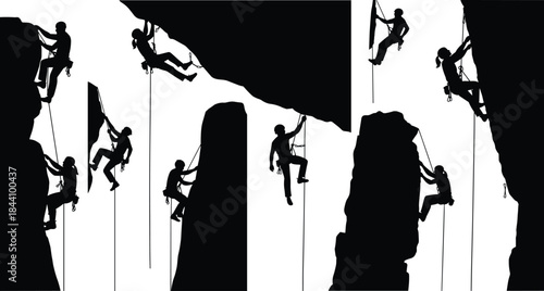 Silhouettes of Rock Climbing and Mountaineering Activities: Male and Female Climbers Scaling Steep Cliffs and Mountains Using Ropes, Harnesses, and Safety Gear.