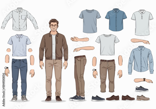 Fashion template set of men's clothes, including shirts, dresses, pants, and suits for a stylish textile collection