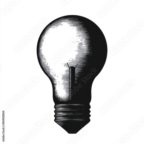 Detailed black and white illustration of a classic incandescent light bulb with visible filament and reflective highlights, evoking a sense of innovation and creativity