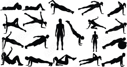 Vector Silhouettes of Core and Abdominal Exercises: Men and Women Performing Side Planks, Push-ups, and Body Conditioning Poses for Fitness, Yoga, and Gym Design.