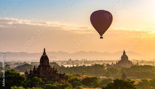 Aerial view featuring a hot air balloon floating over ancient temple structures during sunrise