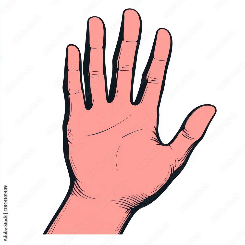 Obraz premium Illustration of a raised human hand with fingers spread wide against a white background showing detailed lines and creases