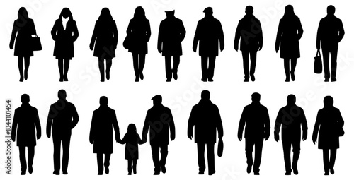 Silhouettes of different people standing and walking in warm outerwear (coats, raincoats, jackets). Male and female, couple characters back view vector monochrome illustrations, icons. Transparent SVG