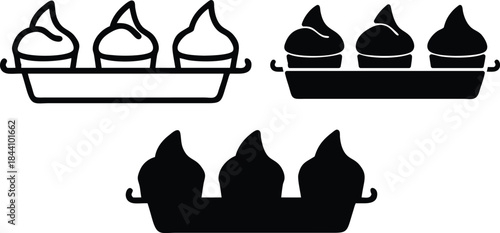 Sweet Bakery Cupcakes Or Muffins On A Serving Tray Outline And Solid Icons For Cafe Dessert Menu Vector Silhouette and Pictogram icon set.eps