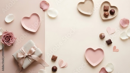 Wallpaper Mural Elegant valentine's day flat lay with heart plates, chocolates, a gift, and rose petals on a split background Torontodigital.ca