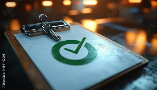 Wallpaper Mural Close-up of a clipboard with a key resting on top and a paper featuring a large green checkmark, illuminated by warm ambient lighting Torontodigital.ca