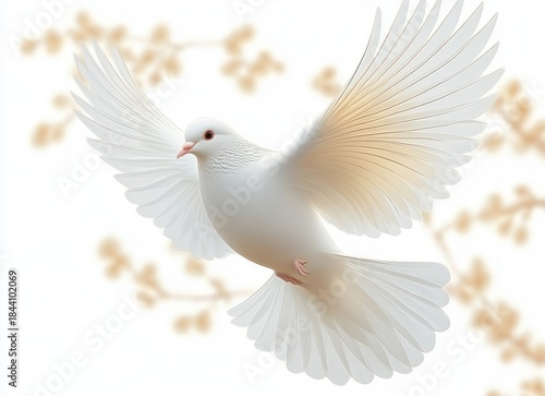 White dove in mid-flight with wings fully spread against a blurred background of soft golden branches, symbolizing peace and tranquility