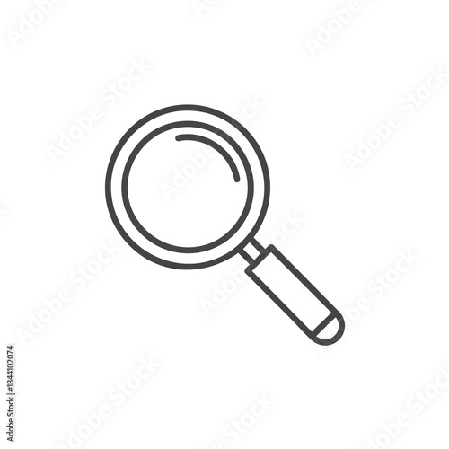 A simple outline of a magnifying glass on a white background, handle angled