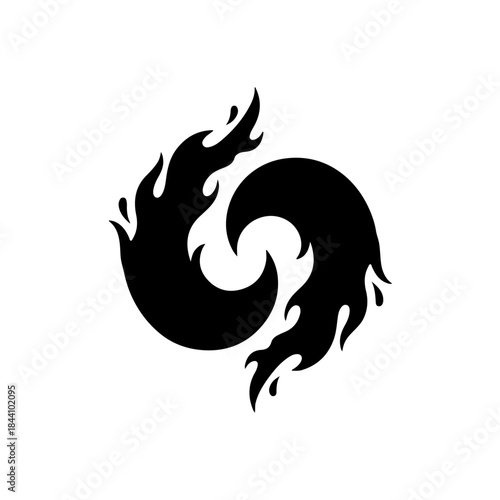 Abstract black tribal flame and water wave yin yang symbol design. dynamic fiery and watery element fusion icon illustration. isolated on transparent background
