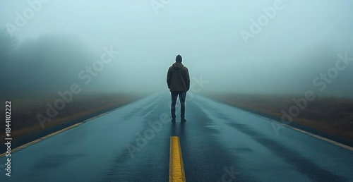 A lone person standing on a wet road with dense fog surrounding, evoking feelings of solitude and contemplation on a cold day