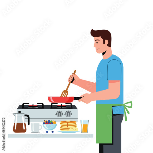 A person making breakfast, with a pan on a stove and food on a shelf
