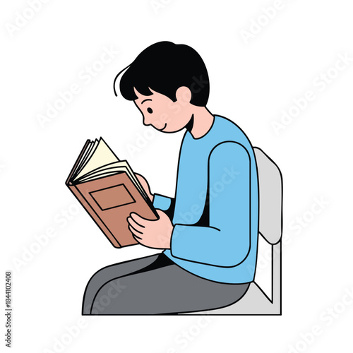 A person reads a book while seated. They have black hair and wear a blue shirt