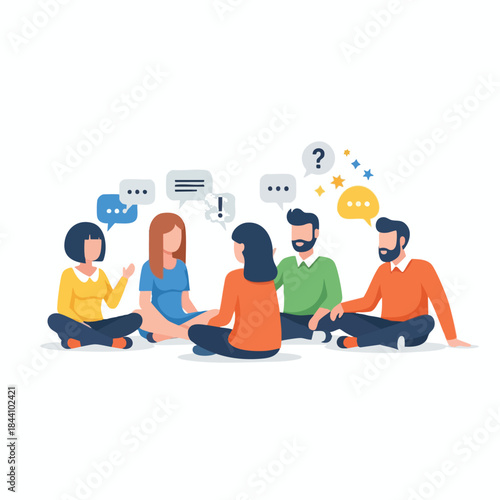 A diverse group sits in a circle, conversing with speech bubbles