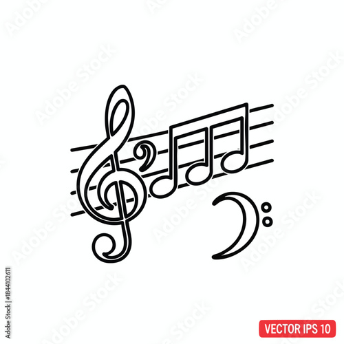 Black and white illustration of musical notes and staff, treble and bass clefs