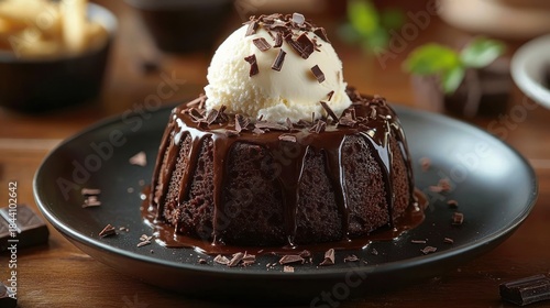 rich chocolate lava cake topped with a scoop of vanilla ice cream and chocolate shavings on a black plate