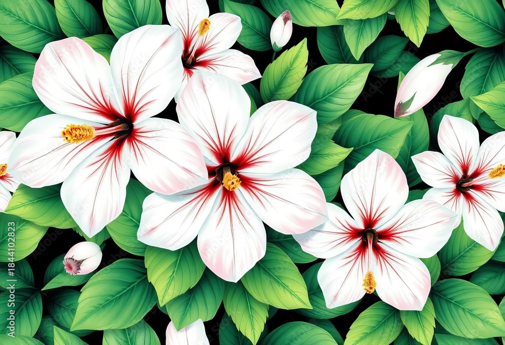 Fototapeta premium Watercolor white hibiscus blossoms & emerald green leaves, seamless floral pattern, botanical, seamless