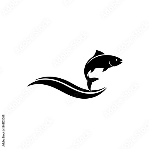 Black silhouette of a jumping fish icon with stylized water wave, ideal for seafood, fishing, aquatic, and marine themes. isolated on transparent background