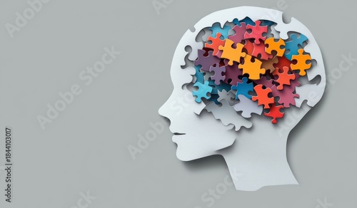 Wallpaper Mural Side profile of a human head silhouette filled with colorful puzzle pieces representing complex thoughts or mental processes on a neutral grey background Torontodigital.ca