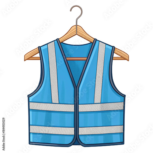 Bright blue high-visibility safety vest with reflective stripes hanging on wooden hanger, essential for construction, road work, and emergency services personnel