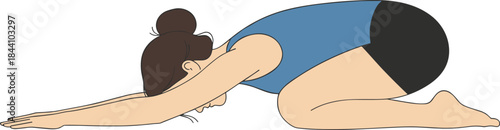 Woman demonstrating the relaxing and restorative Child's Pose (Balasana) yoga posture, illustrating a calming stretch for the back, hips, and shoulders used in meditation and fitness.
