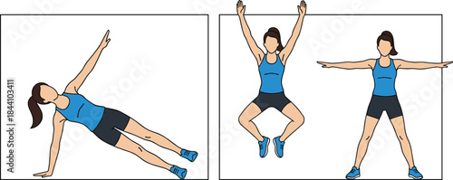 A young woman in workout attire performing two fundamental exercises, illustrating proper technique for achieving physical health and maintaining a strong and active body.