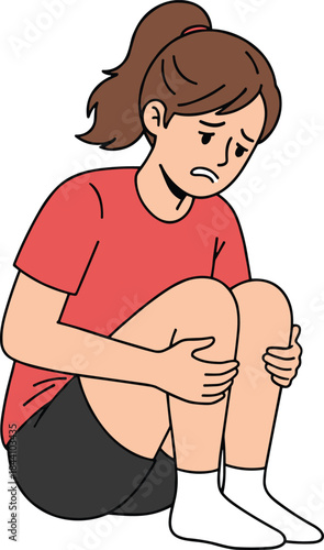 Flat design image showing a person in distress, sitting down while hugging their legs, symbolizing a painful situation, low mood, or psychological discomfort and despair.