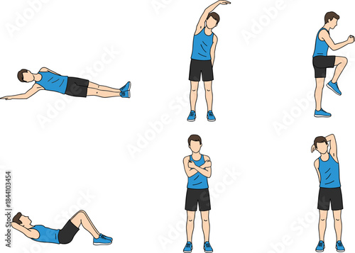 Graphic collection of isolated figures demonstrating key calisthenics movements and stretching poses designed for improving physical strength, stability, endurance, and general wellness.