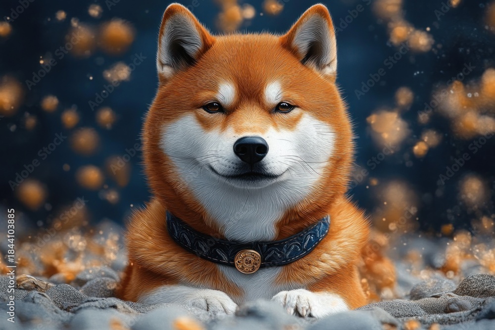 Obraz premium close-up of a calm shiba inu dog with orange and white fur wearing a decorative collar lying on pebbles with blurred glowing orange particles in the dark background