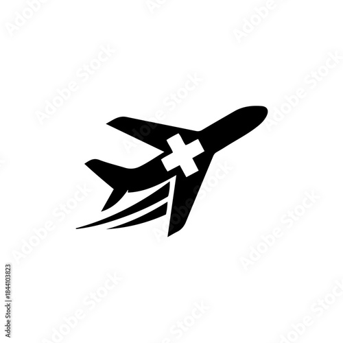Medical air transport icon representing urgent emergency flights and global healthcare assistance. airplane symbol with cross for aerial aid. isolated on transparent background