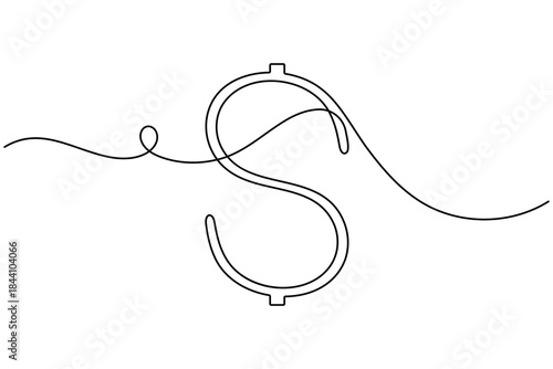 Dollar icon continuous one line drawing on white background minimalist financial sign symbol outline vector illustration
