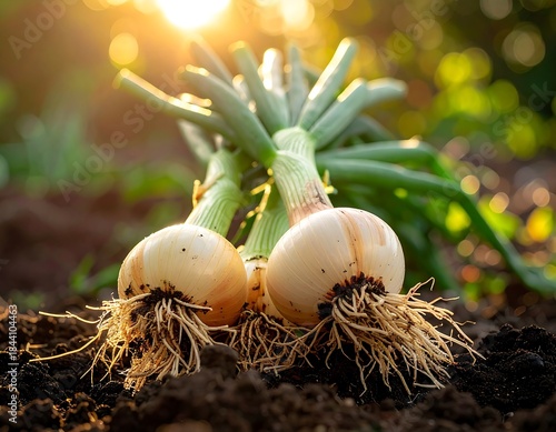 Freshly harvested onions with long green stems lie on rich dark soil in golden sunlight