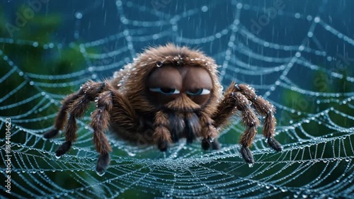Adorable Fluffy Cartoon Spider with Big Eyes on a Dew-Kissed Web in Nature.