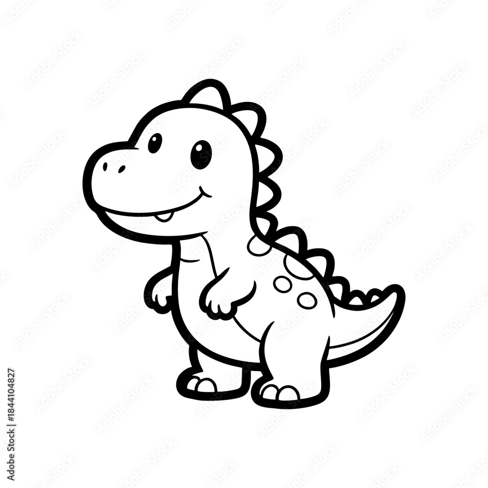 Naklejka premium Adorable baby dinosaur cartoon line art illustration, perfect for children's coloring pages, educational content, or playful graphic design. Features a friendly, cute prehistoric creature in black and