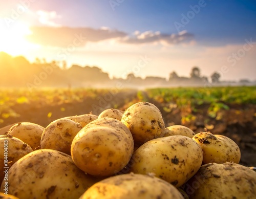 Freshly harvested potatoes fill a box under a sunrise in a misty agricultural field